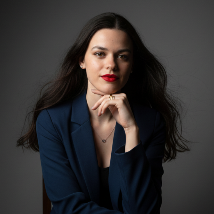 Retrato profissional de Ana Parra de blazer azul